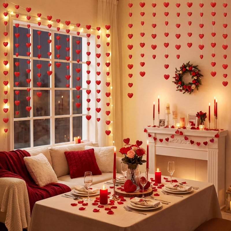 Juinte 12 Pcs 78.74 ft Valentine's Day Red Heart Garland 3D Foam Glitter Heart Hanging String Garland Romantic Valentine Decoration Banner Backdrop for Wedding Anniversary Birthday Party Supplies - Image 2