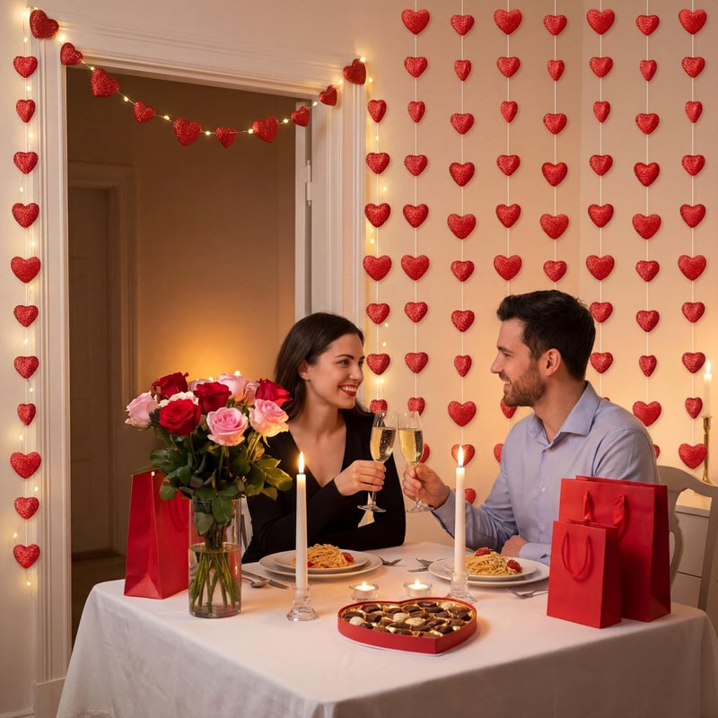 Juinte 12 Pcs 78.74 ft Valentine's Day Red Heart Garland 3D Foam Glitter Heart Hanging String Garland Romantic Valentine Decoration Banner Backdrop for Wedding Anniversary Birthday Party Supplies - Image 4