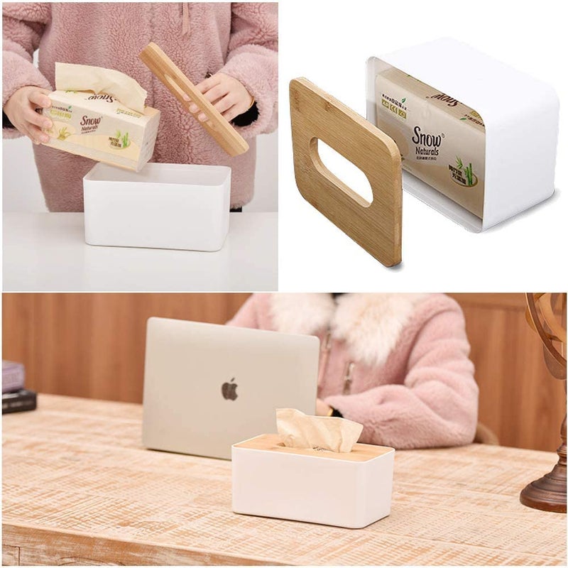 TYAGY Tyagy Wooden Tissue Paper Holder Box Organizer for Car and Home Decor, 21 x 12.5 x 9.5 Cm | Wood, Plastic | White - Image 2