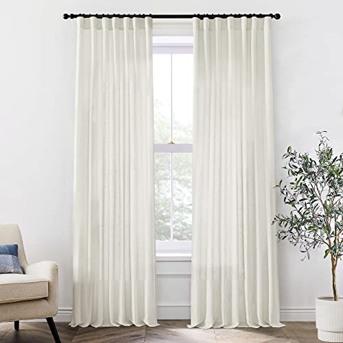 XTMYI Linen Cotton Farmhouse Curtains for Living Room Bedroom 84 Inches Long Two Sheer Hook Belt Pleated Back Tab Birch Off White Ivory Neutral Boho Sour Cream Curtain Drapes 84 Length 2 Panels Set - Image 1