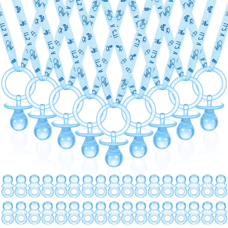 74 Pieces Baby Shower Pacifiers 24 Necklace Acrylic Plastic Pacifiers Baby Shower Game 50 Mini Plastic Charm Bulk for Party Decorations Games Table ScatterBlue