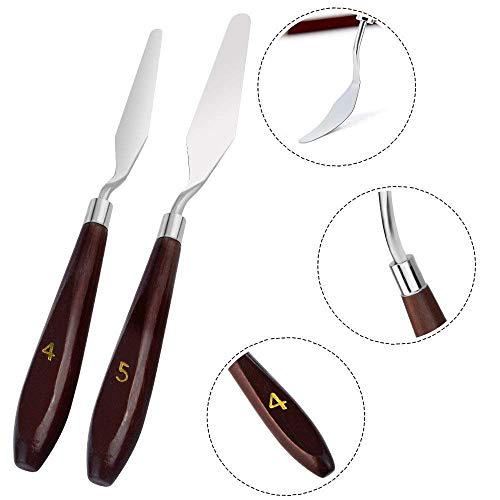 Qatalitic Set of 5 Palette Painting Knives of Various Sizes & Shapes, Stainless Steel Scraper Spatula Polished Brown Handle for Artist Canvas Oil Paint Color Mixing - Image 4