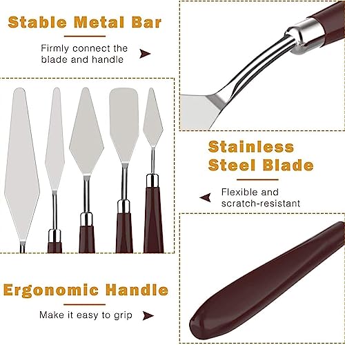 Qatalitic Set of 5 Palette Painting Knives of Various Sizes & Shapes, Stainless Steel Scraper Spatula Polished Brown Handle for Artist Canvas Oil Paint Color Mixing - Image 2
