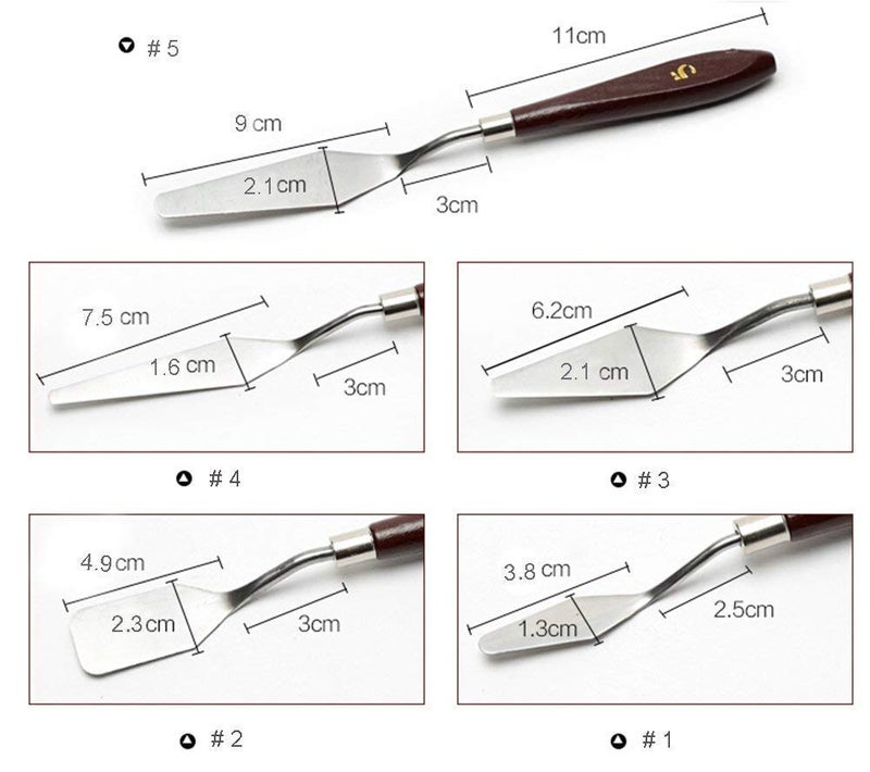 Qatalitic Set of 5 Palette Painting Knives of Various Sizes & Shapes, Stainless Steel Scraper Spatula Polished Brown Handle for Artist Canvas Oil Paint Color Mixing - Image 3