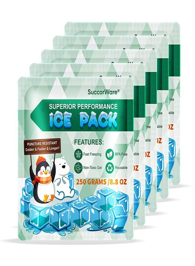 SuccorWare 5 Packs Reusable Ice Packs for Lunch Boxes - 12+ Hour Cooling Ice Gel Pack for Camping, Beach, Office - Ice Packs for Cooler Bag, Cooler Backpacks (250 Grams) - Image 1