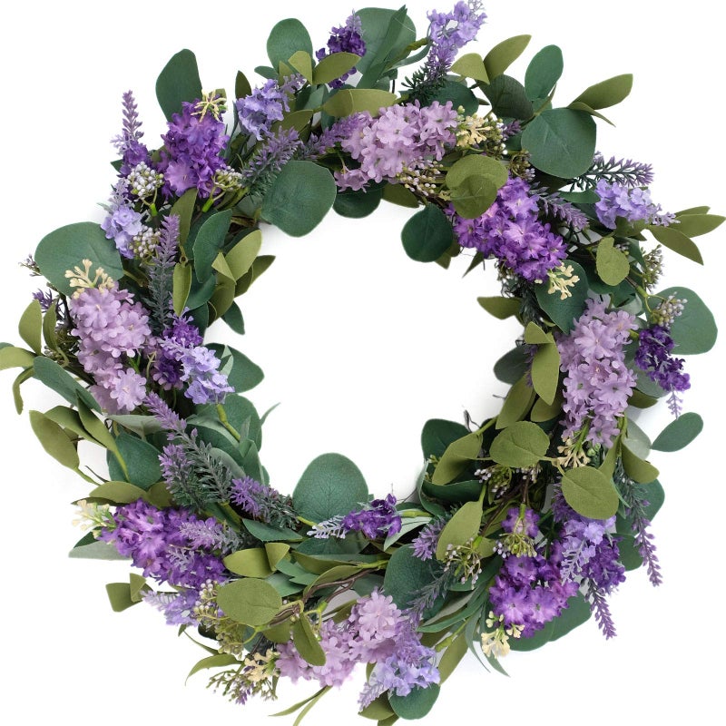 idyllic 18Artificial Flower Eucalyptus Leaves Wreath Rustic Farmhouse Decorative Floral Wreath for Front Door Window Wedding Spring Purple