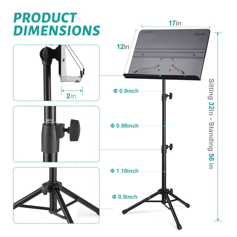 Vekkia Professional Portable Sheet Music Stand - Folding Adjustable Holder, with Carrying Bag, Sturdy for Instrumental Performance, Band & Travel - Image 2