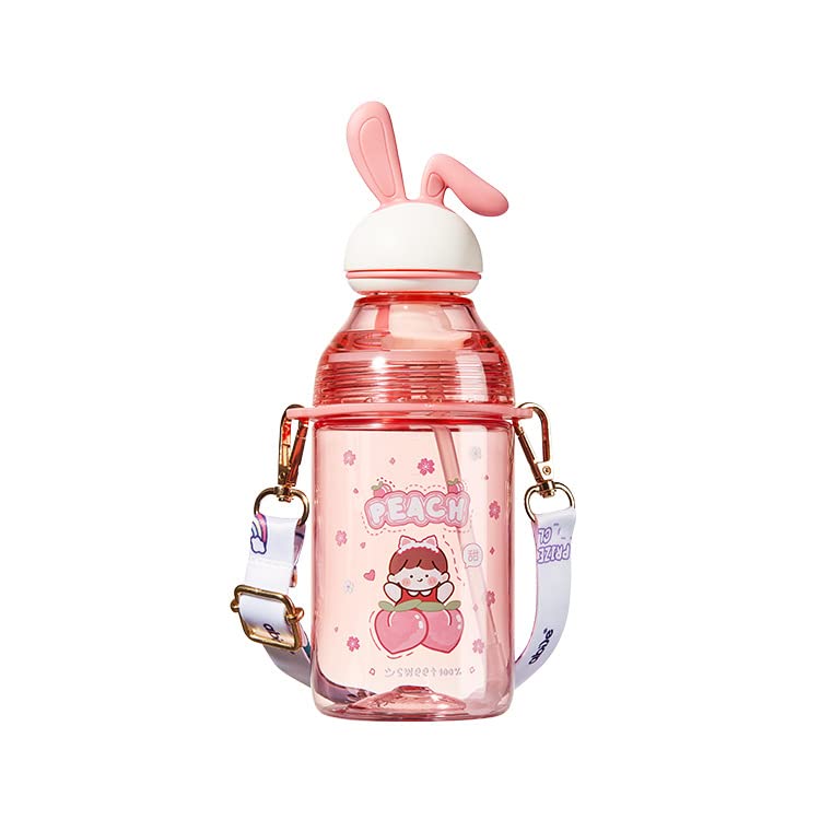 TEMSON Water Bottle with Straw and Adjustable Strap for Kids – School Sipper Water Bottle for Kids, Cartoon Themed Cute Water Bottle for Boys and Girls (400 ML)(ABL-1034) (Pink) - Image 1