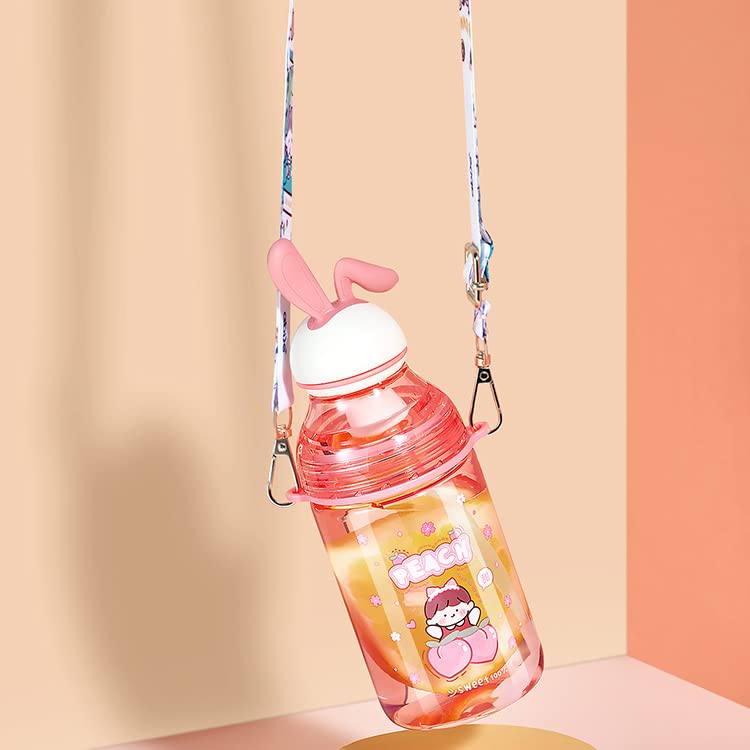 TEMSON Water Bottle with Straw and Adjustable Strap for Kids – School Sipper Water Bottle for Kids, Cartoon Themed Cute Water Bottle for Boys and Girls (400 ML)(ABL-1034) (Pink) - Image 3