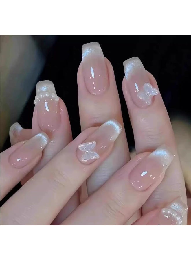 MARYA Aurora French Press On Nails, Short Square Nude Pink Glossy Artificial Nails, 3D White Butterfly and Pearl Decor Reusable Nail Kit for Women - Image 1