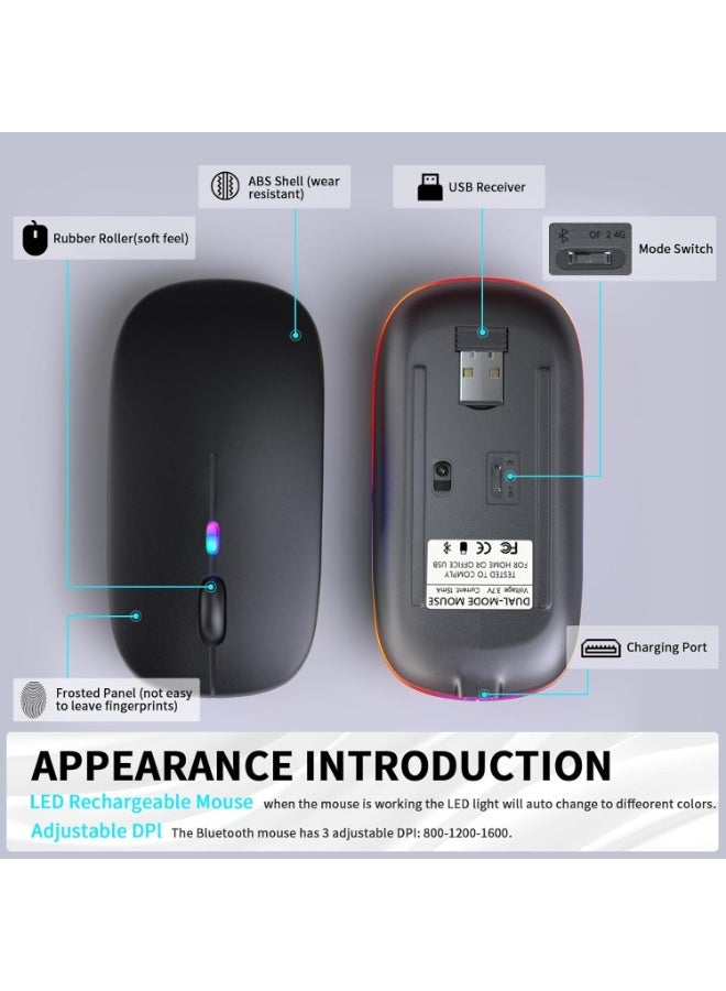 ماوس بلوتوث لاسلكي، ماوس LED مزدوج الوضع قابل لإعادة الشحن (بلوتوث 5.2 ومستقبل USB) ماوس صامت محمول، لأجهزة الكمبيوتر المحمول/الكمبيوتر المكتبي/الكمبيوتر اللوحي (أسود) - Image 2