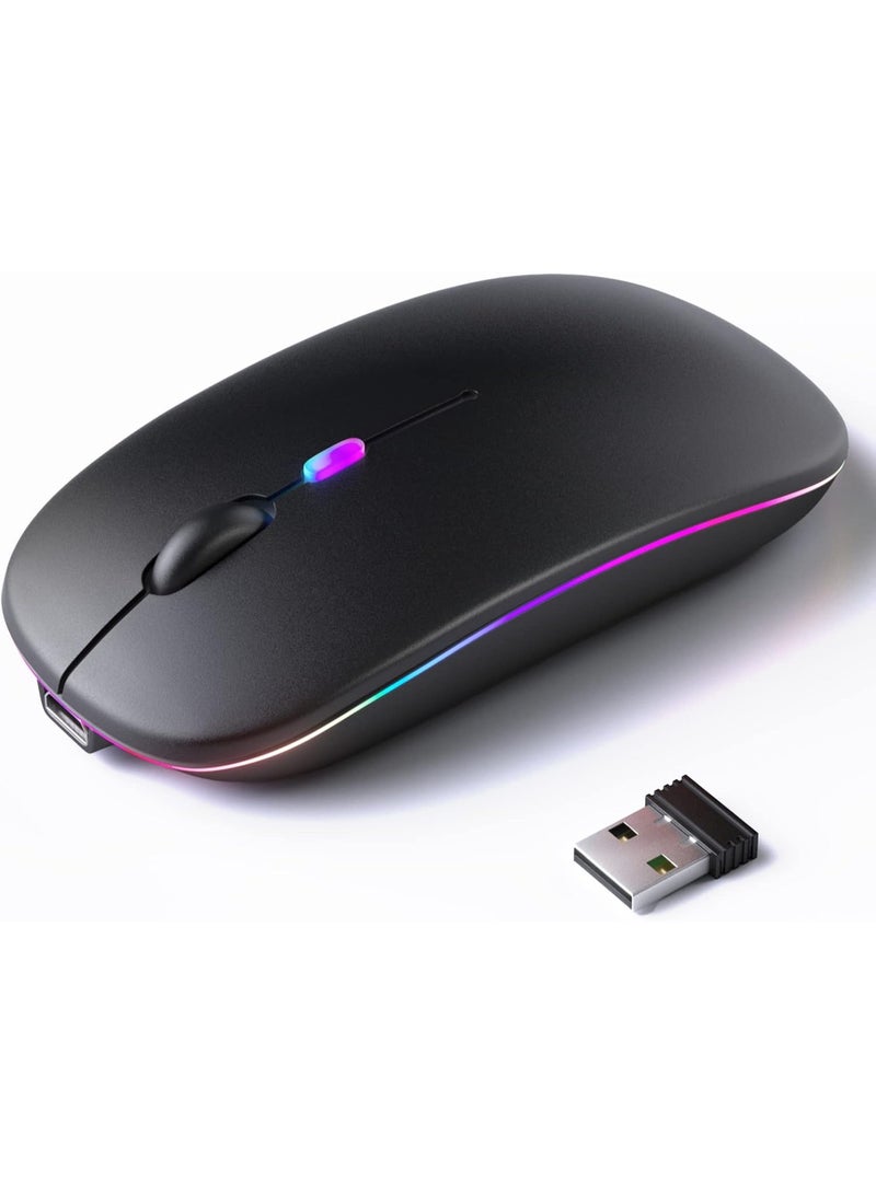 ماوس بلوتوث لاسلكي، ماوس LED مزدوج الوضع قابل لإعادة الشحن (بلوتوث 5.2 ومستقبل USB) ماوس صامت محمول، لأجهزة الكمبيوتر المحمول/الكمبيوتر المكتبي/الكمبيوتر اللوحي (أسود) - Image 1
