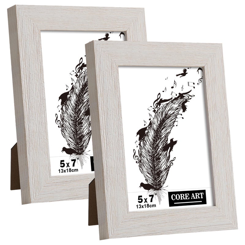 CORE ART 5x7 Picture Frame  Handmade Wood Rustic White Photo Frame Set of 2  High Definition Semi-tempered Glass Wall or Tabletop Display - Image 1