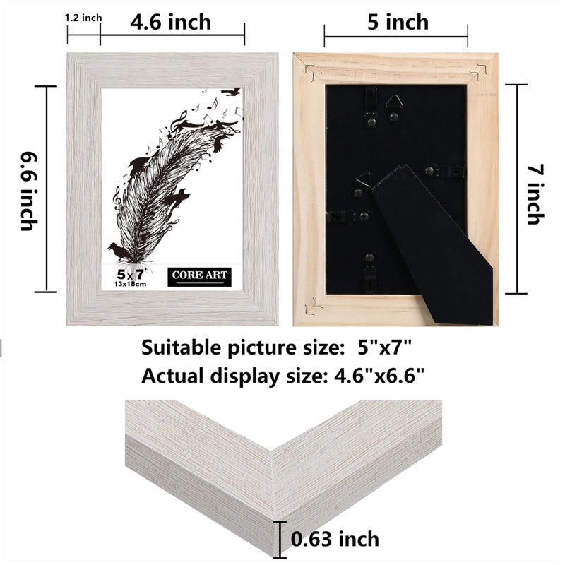 CORE ART 5x7 Picture Frame  Handmade Wood Rustic White Photo Frame Set of 2  High Definition Semi-tempered Glass Wall or Tabletop Display - Image 2