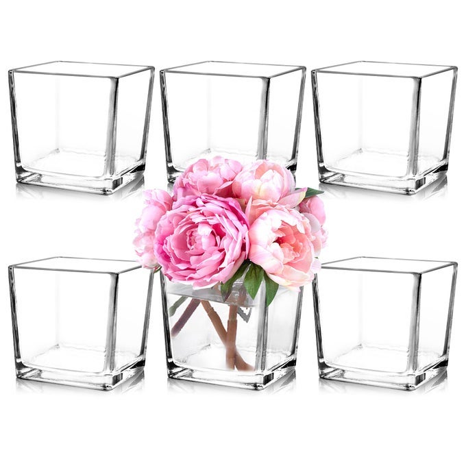 SET OF 6 SQUARE GLASS VASES 5 X5 X 5 CLEAR FLOWER VASES FOR CENTERPIECES CANDLE HOLDER FOR WEDDING PARTY EVENTS HOME DCOR