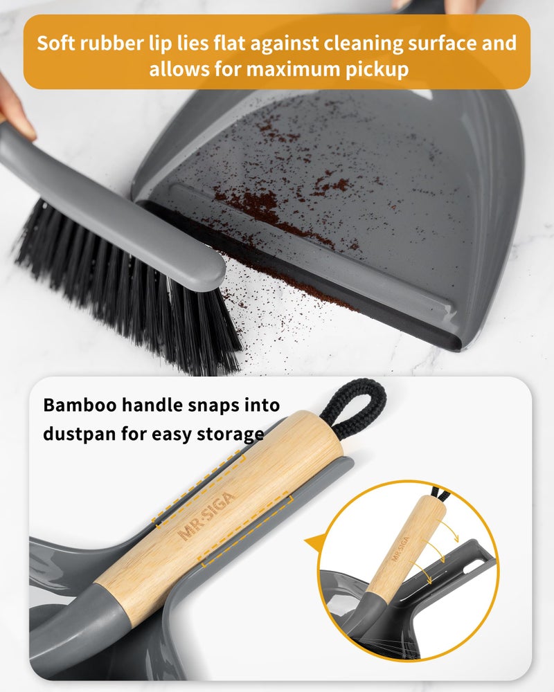 Mr Siga MR.SIGA Dustpan and Brush Set, Portable Cleaning Brush and Dustpan Combo with Bamboo Handle, Gray, 1 Set - Image 3