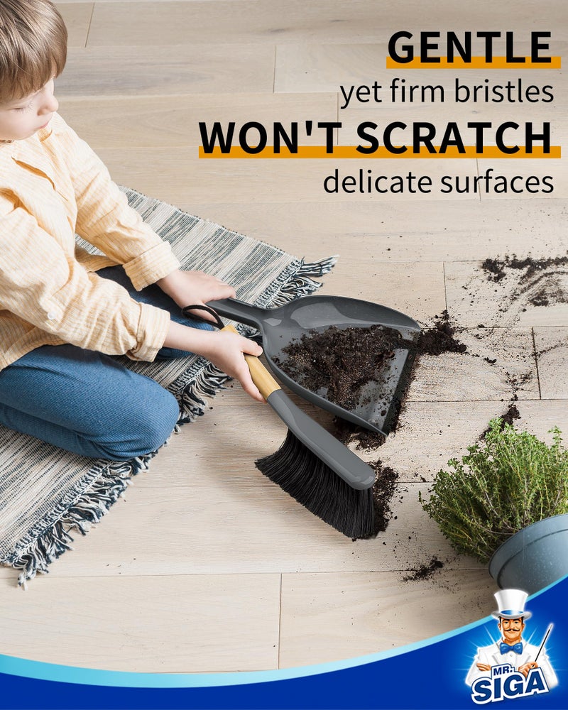 Mr Siga MR.SIGA Dustpan and Brush Set, Portable Cleaning Brush and Dustpan Combo with Bamboo Handle, Gray, 1 Set - Image 4