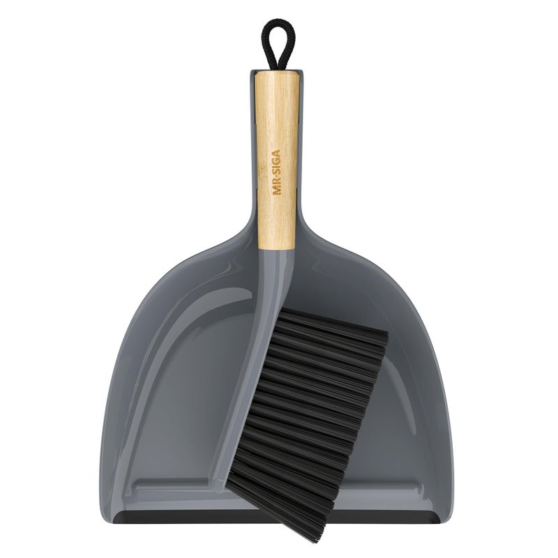 Mr Siga MR.SIGA Dustpan and Brush Set, Portable Cleaning Brush and Dustpan Combo with Bamboo Handle, Gray, 1 Set - Image 1