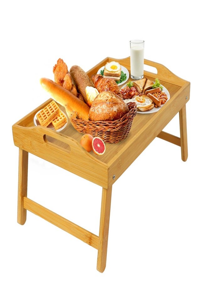 MorTime Bed Tray Table with Folding Legs, Bamboo Breakfast Tray with Handles for Bed, Sofa, Eating, Working, Foldable Laptop Desk Food Snack Tray Serving Tray - Image 1
