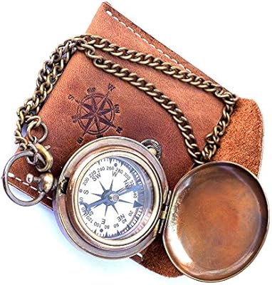 THOR INSTRUMENTS Handmade Nautical Brass Push Open Compass On Chain with Leather Case Pocket Compass Gift Compass - Image 1