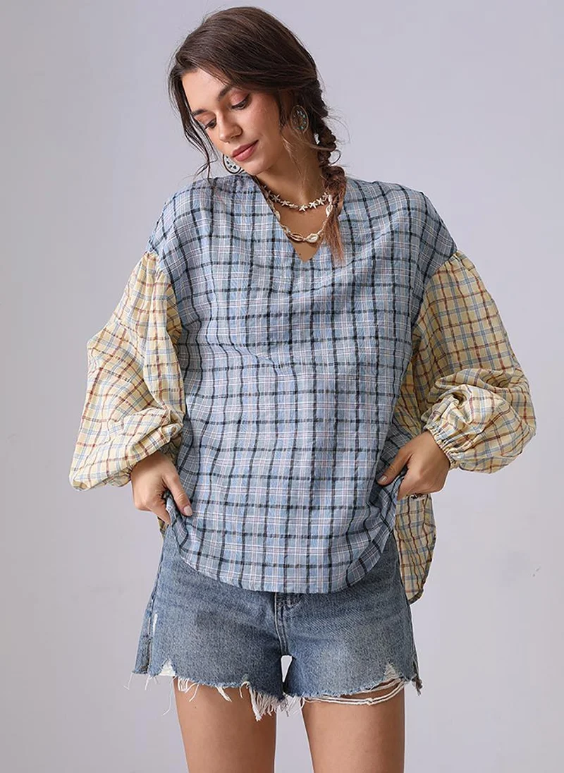 يونيكي Blue & Yellow Collarless Puff Sleeves Boxy Shirt