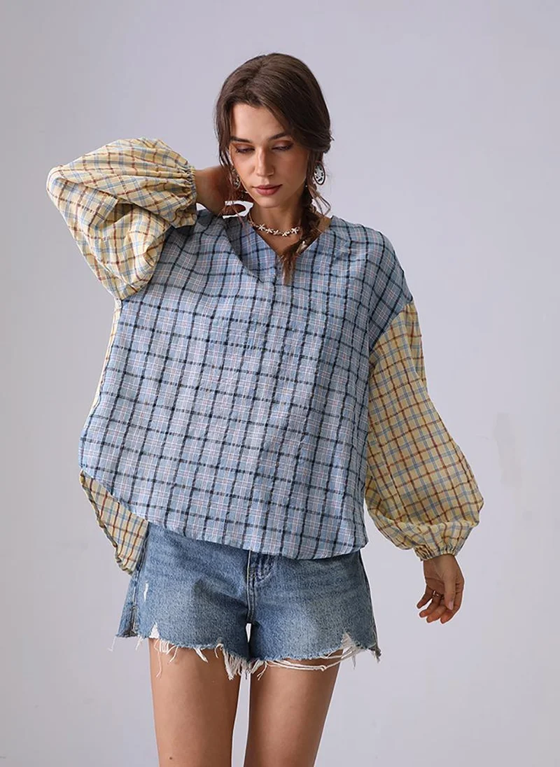 يونيكي Blue & Yellow Collarless Puff Sleeves Boxy Shirt