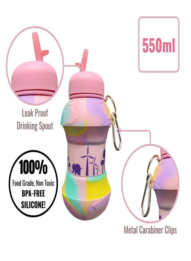 Jukusa Globe Design Collapsible Water Bottle 550ml. | BPA-Free Silicone, Leak-Proof Spout, Food Grade, with Carabiner Clip | For Gym, School, Sports & Travel (Pink) - Image 3