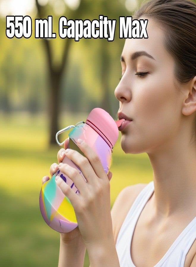 Jukusa Globe Design Collapsible Water Bottle 550ml. | BPA-Free Silicone, Leak-Proof Spout, Food Grade, with Carabiner Clip | For Gym, School, Sports & Travel (Pink) - Image 5