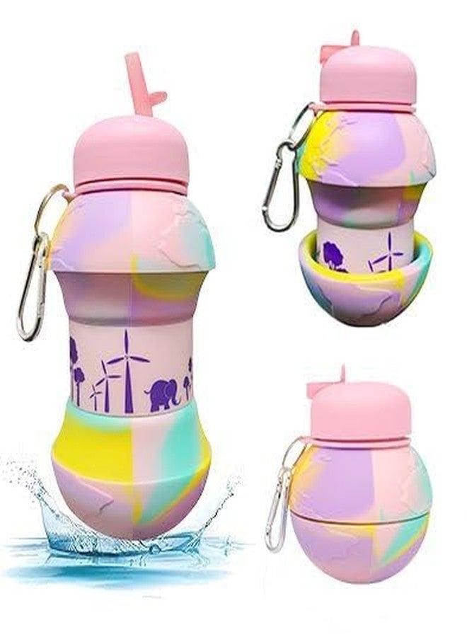 Jukusa Globe Design Collapsible Water Bottle 550ml. | BPA-Free Silicone, Leak-Proof Spout, Food Grade, with Carabiner Clip | For Gym, School, Sports & Travel (Pink) - Image 1