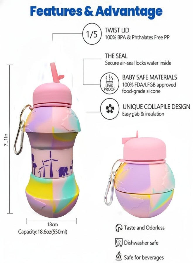 Jukusa Globe Design Collapsible Water Bottle 550ml. | BPA-Free Silicone, Leak-Proof Spout, Food Grade, with Carabiner Clip | For Gym, School, Sports & Travel (Pink) - Image 2