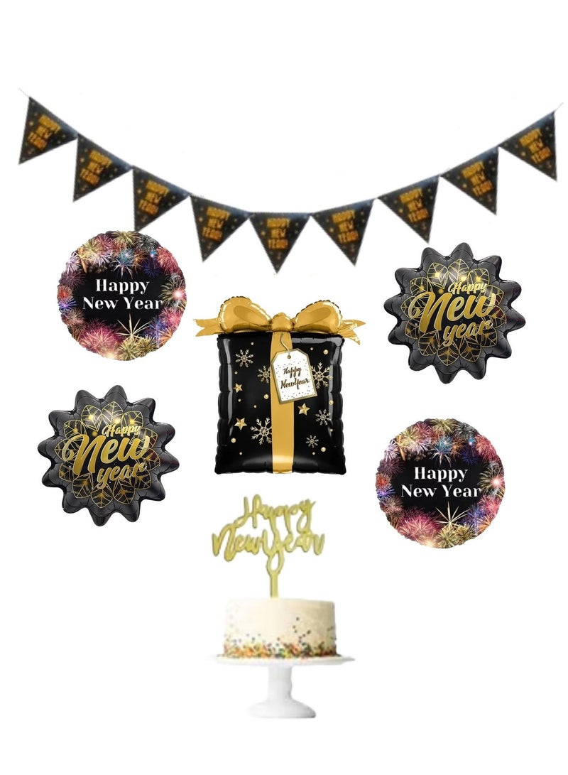 Boxwoods Happy New Year Acrylic Cake Topper And Balloons With Bunting Banner - Image 1