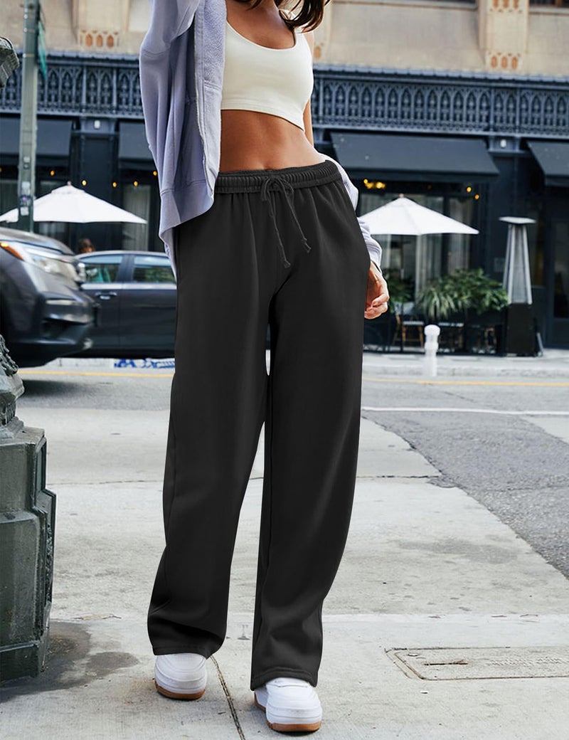 HeSaYep Sweatpants Women Baggy Wide Leg Sweatpants Straight Leg Trousers Drawstring Elastic Waist Joggers Low Rise Active Sweat Pants Black S - Image 4