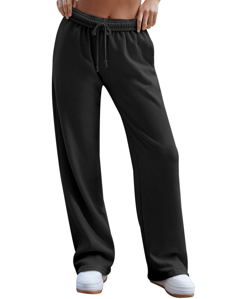 HeSaYep Sweatpants Women Baggy Wide Leg Sweatpants Straight Leg Trousers Drawstring Elastic Waist Joggers Low Rise Active Sweat Pants Black S - Image 1