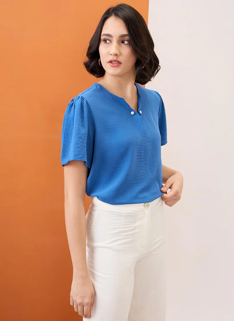 globus Globus Women Blue V-Neck Puff Sleeves Solid Pearl Detail Top