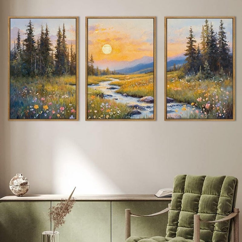 IARTTOP Large Mountain Wall Art Framed 16x24 Inch Abstract Forest Landscape Canvas Wall Decor Nature Scenery Wildflower botanical Artwork for Living room Bedroom Set of 3 - Image 1