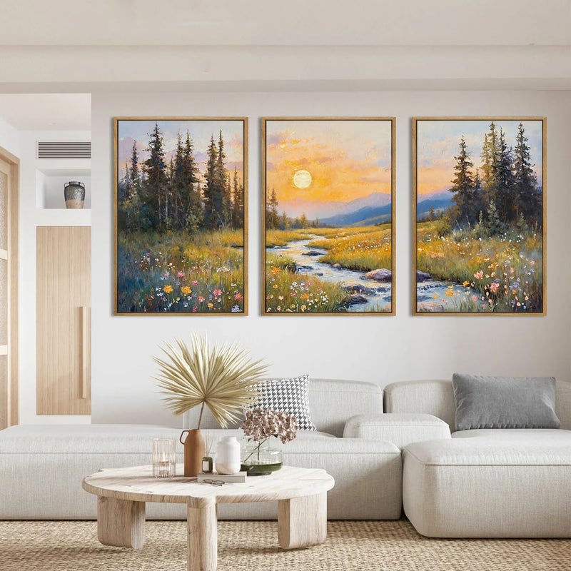 IARTTOP Large Mountain Wall Art Framed 16x24 Inch Abstract Forest Landscape Canvas Wall Decor Nature Scenery Wildflower botanical Artwork for Living room Bedroom Set of 3 - Image 5