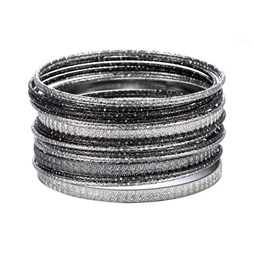 Ensoul 2.68" Inner Diameter Silver Lt Hematite Multiple Textured Metal Bracelets & Bangles Set For Women 18Pcs/Set - Image 1