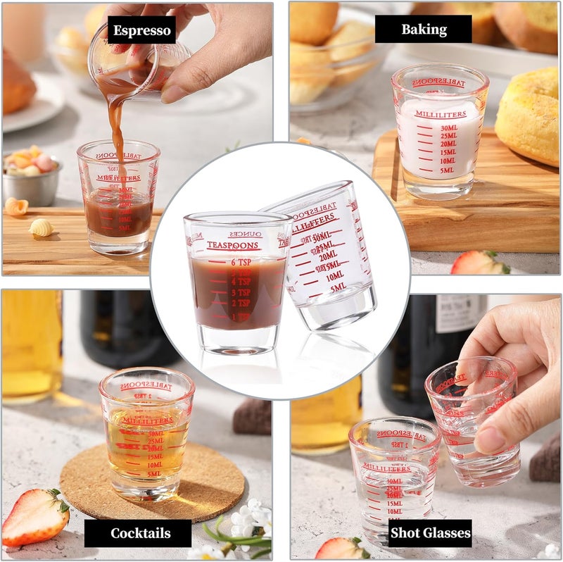 COKUMA Shot Glass Measuring Cup, 2PCS Measuring Shot Glasses, Thick Base Liquid Measuring Cup for Espresso Shot Glass and Measuring Glasses, Four Different Units of Measure(1 OZ, 2 TBS, 6 TSP, 30 ML) - Image 4