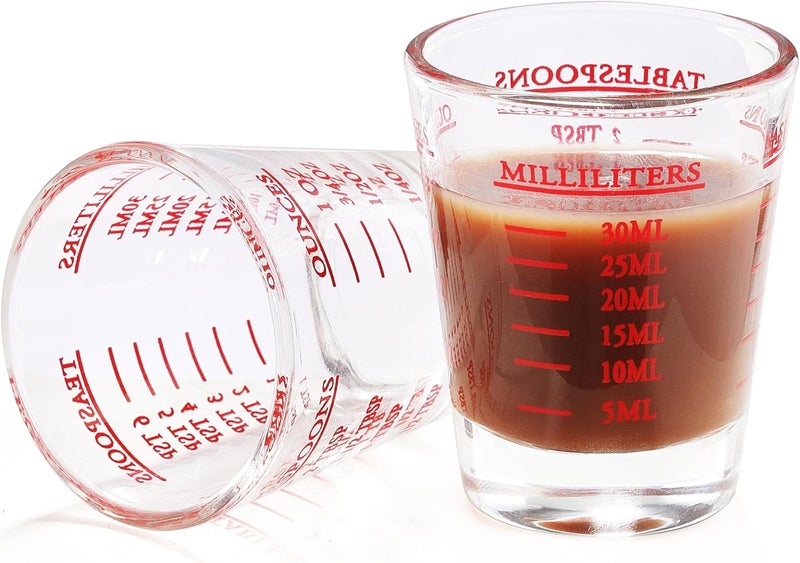 COKUMA Shot Glass Measuring Cup, 2PCS Measuring Shot Glasses, Thick Base Liquid Measuring Cup for Espresso Shot Glass and Measuring Glasses, Four Different Units of Measure(1 OZ, 2 TBS, 6 TSP, 30 ML) - Image 1