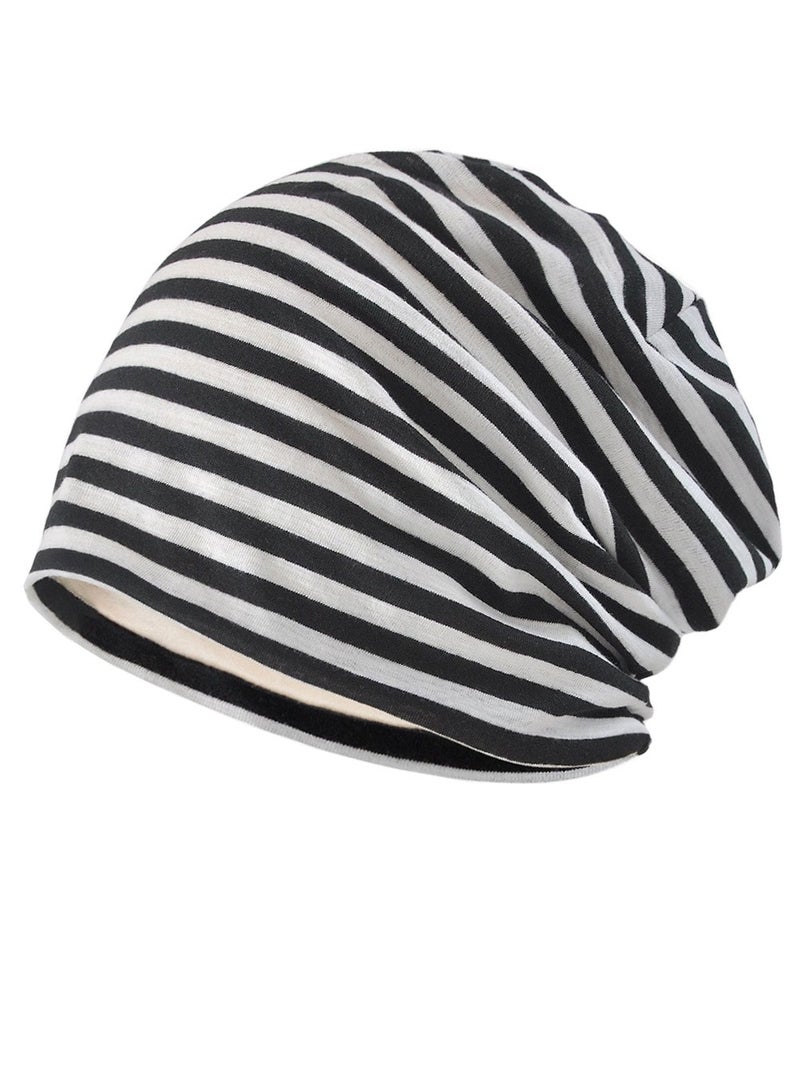 Infinity Scarf Headwear Cap Stripes Breathable Beanie Hat Black/White 