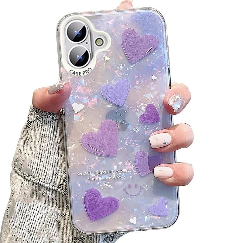 Mobistyle Designed for iPhone 16 |Shining Shell Love Heart Pattern Design with TPU Edges| Phone Back Cover Case for Girls Women (Bling Purple Heart) - Image 1