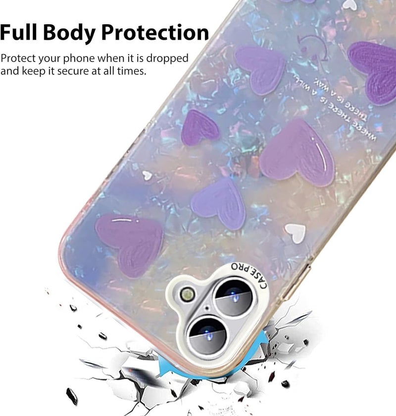 Mobistyle Designed for iPhone 16 |Shining Shell Love Heart Pattern Design with TPU Edges| Phone Back Cover Case for Girls Women (Bling Purple Heart) - Image 2