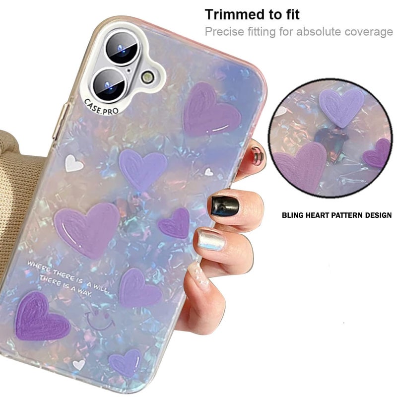 Mobistyle Designed for iPhone 16 |Shining Shell Love Heart Pattern Design with TPU Edges| Phone Back Cover Case for Girls Women (Bling Purple Heart) - Image 4