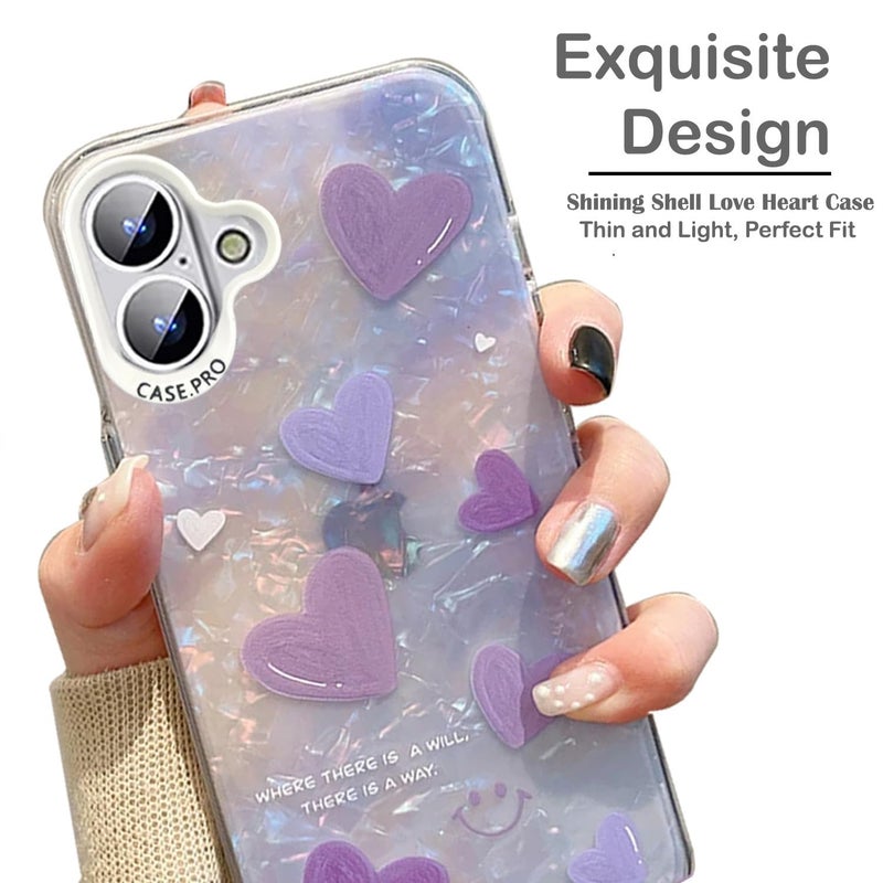 Mobistyle Designed for iPhone 16 |Shining Shell Love Heart Pattern Design with TPU Edges| Phone Back Cover Case for Girls Women (Bling Purple Heart) - Image 3
