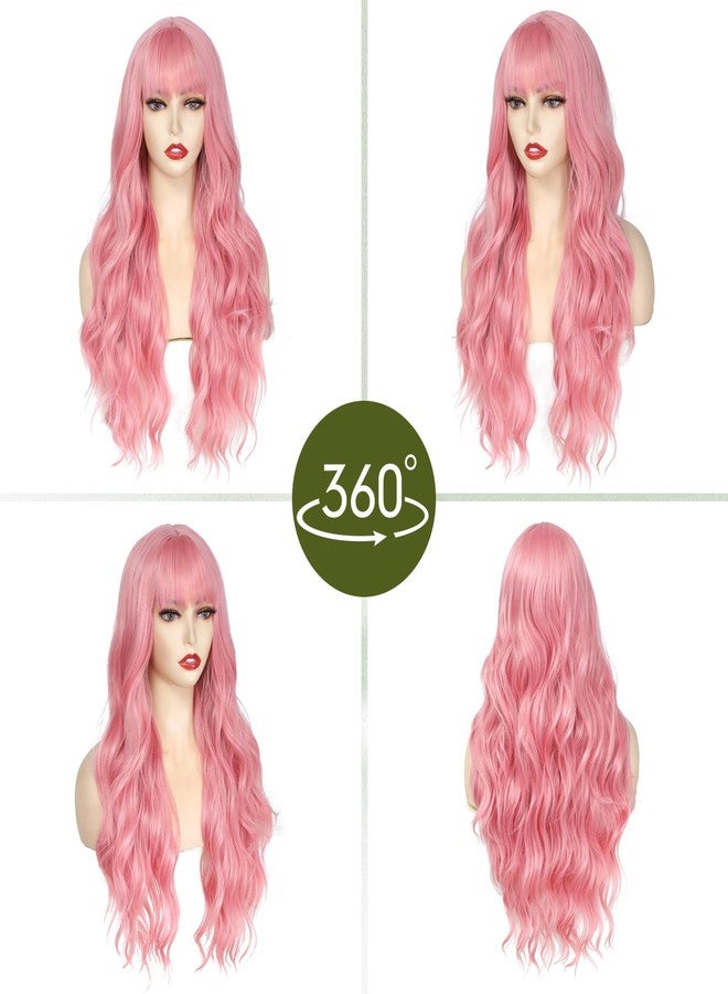 Angzon Pink Wig With Bangs Long Wavy Wigs for Women 26 Inch Curly Wavy Wig With Bangs Natural Looking Synthetic Heat Resistant Fiber Wig for Daily Party Use - Image 2