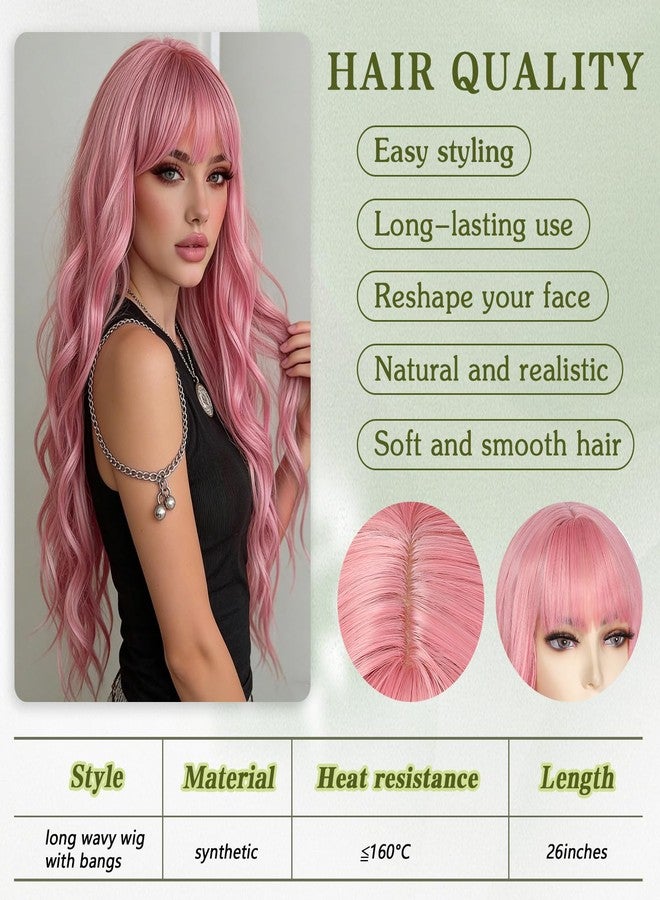 Angzon Pink Wig With Bangs Long Wavy Wigs for Women 26 Inch Curly Wavy Wig With Bangs Natural Looking Synthetic Heat Resistant Fiber Wig for Daily Party Use - Image 4