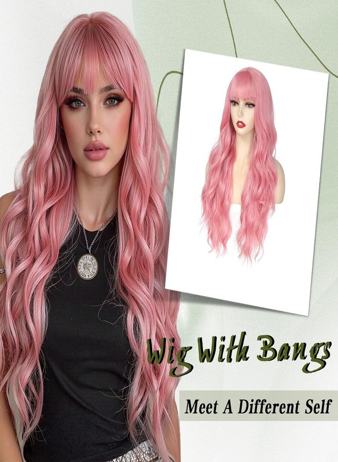 Angzon Pink Wig With Bangs Long Wavy Wigs for Women 26 Inch Curly Wavy Wig With Bangs Natural Looking Synthetic Heat Resistant Fiber Wig for Daily Party Use - Image 3