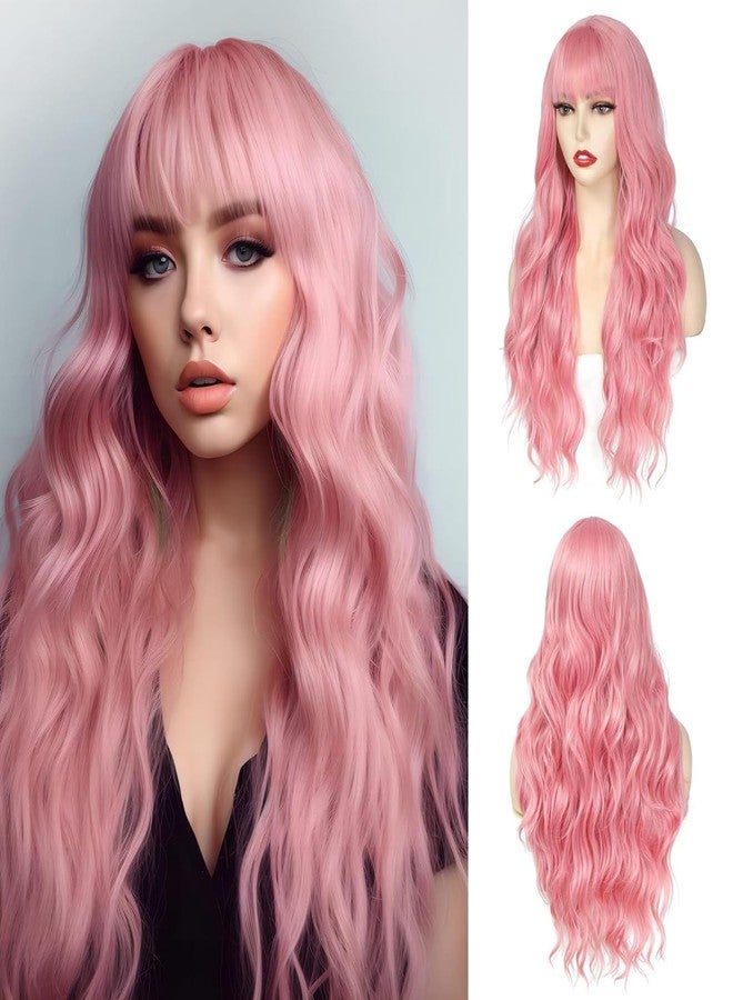 Angzon Pink Wig With Bangs Long Wavy Wigs for Women 26 Inch Curly Wavy Wig With Bangs Natural Looking Synthetic Heat Resistant Fiber Wig for Daily Party Use - Image 1