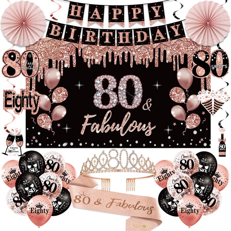 Uiorgui 80th Birthday Decorations for Women, 33pcs 80th Birthday Crown and Sash, Black Rose Gold Happy 80th Birthday Banner Balloons Backdrop Hanging Swirls Paper Fans, 80 Years Old Birthday Decorations Kit - Image 1