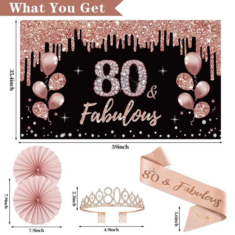Uiorgui 80th Birthday Decorations for Women, 33pcs 80th Birthday Crown and Sash, Black Rose Gold Happy 80th Birthday Banner Balloons Backdrop Hanging Swirls Paper Fans, 80 Years Old Birthday Decorations Kit - Image 3